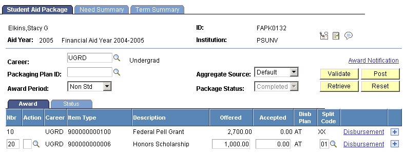 Student Aid Package page with new Honors Scholarship award and Federal Pell Grant (Based on Pell Grant awarding functionality for the 2009 and prior aid years.)