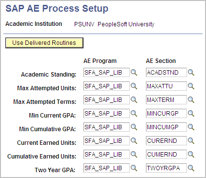 SAP AE Process Setup page