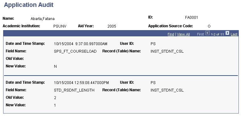 Application Audit page