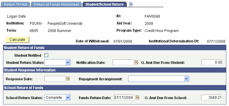 Student/School Return page