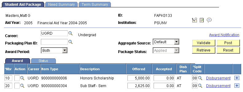 Student Aid Package page displaying the student's award for both award periods