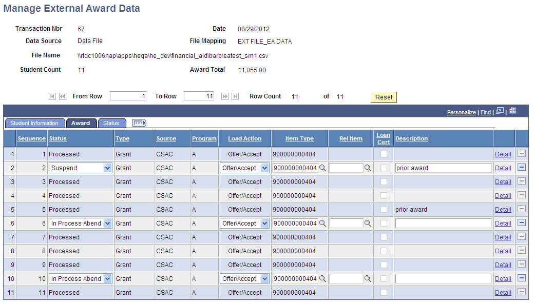 Manage External Award Data page, Award tab