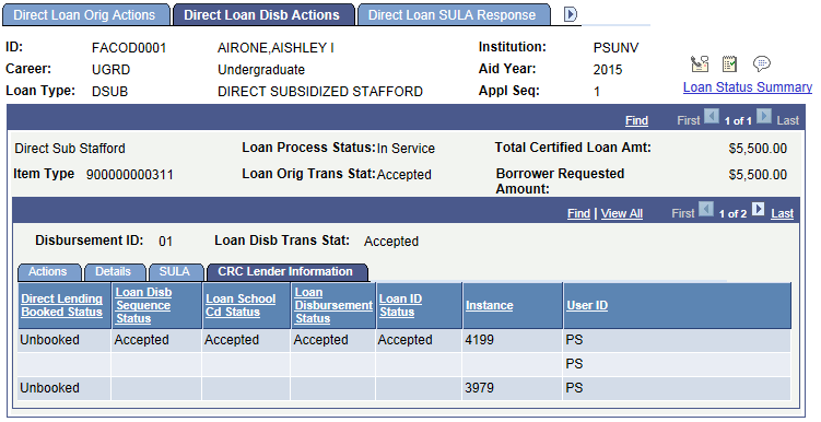 Direct Loan Disb Actions page: CRC Lender Information tab
