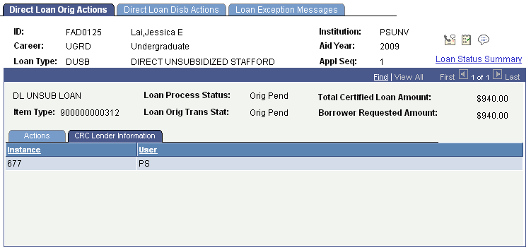 Direct Loan Orig Actions page: CRC Lender Information tab
