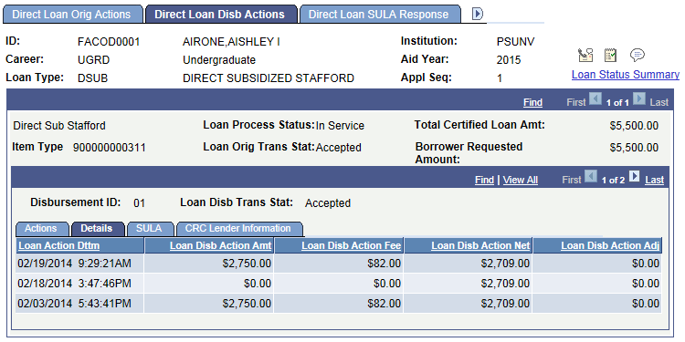 Direct Loan Disb Actions page: Details tab