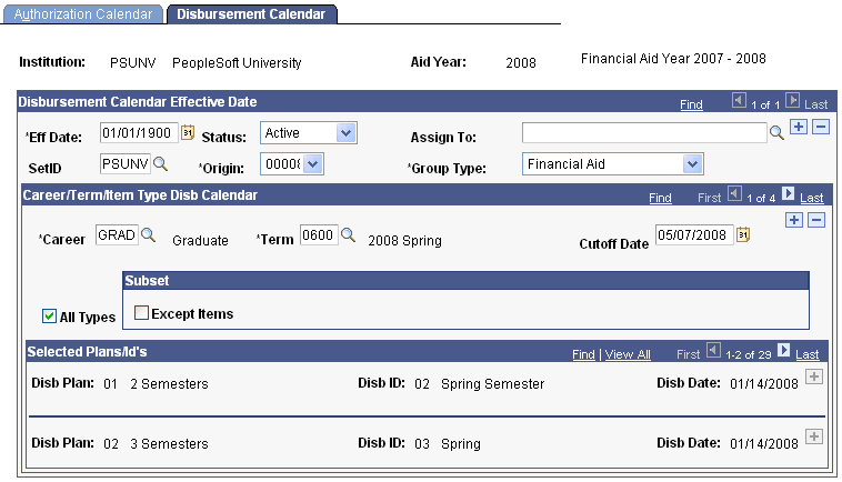 Disbursement Calendar page