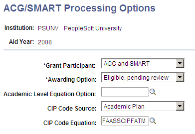 ACG (Academic Competitiveness Grant)/SMART (Science and Mathematics Access to Retain Talent grant) Processing Options page