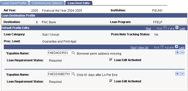 Loan Dest (destination) Edits page