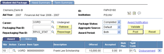 Example of the Student Aid Package page with the combined award after posting