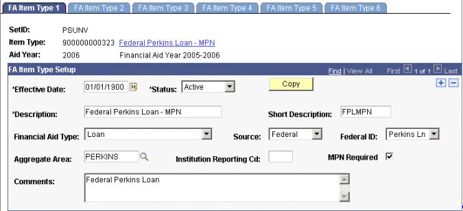 FA (financial aid) Item Type 1 page