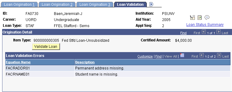 Loan Validation page