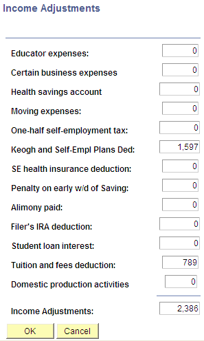 Income Adjustments page - 1040 Tax Form
