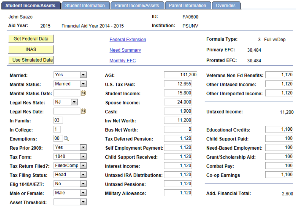 Student Income/Assets page