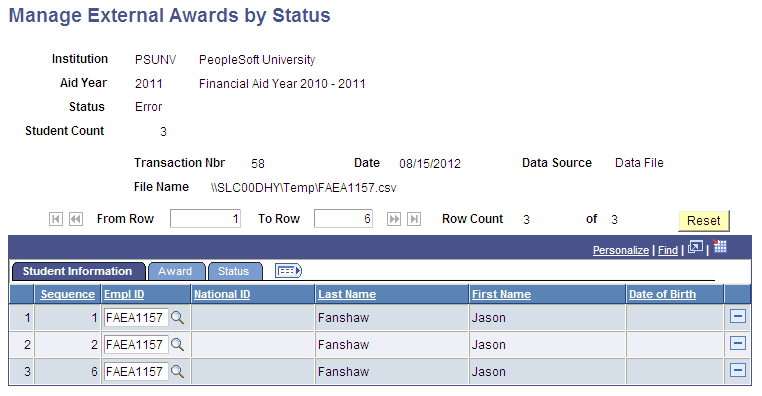 Manage External Award Data by Status page, Student Information tab