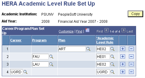 HERA (Higher Education Reconciliation Act) Academic Level Rule Setup page