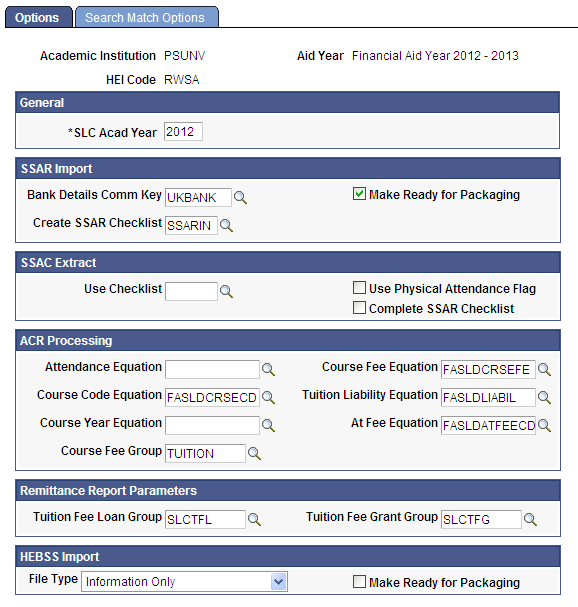 Student Loans Company Setup - Options page