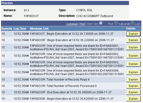 Message log for the FAPASOUT process