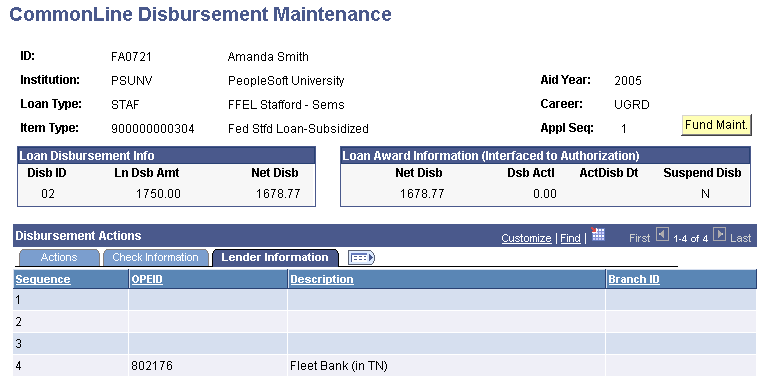 CommonLine Disbursement Maintenance page: Lender Information tab