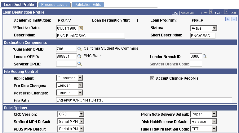 Loan Dest (destination) Profile page