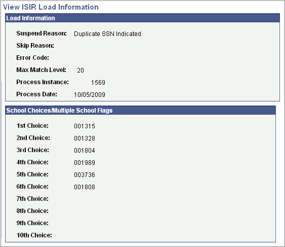 View ISIR (Institutional Student Information Record) Load Information page