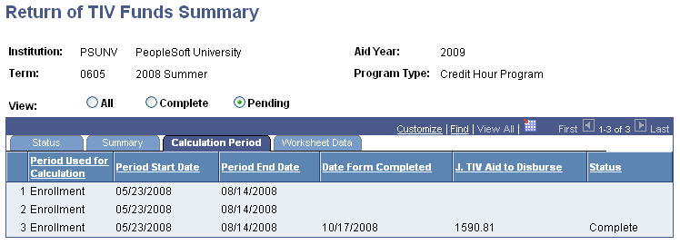 Return of TIV Funds Summary page: Calculation Period tab