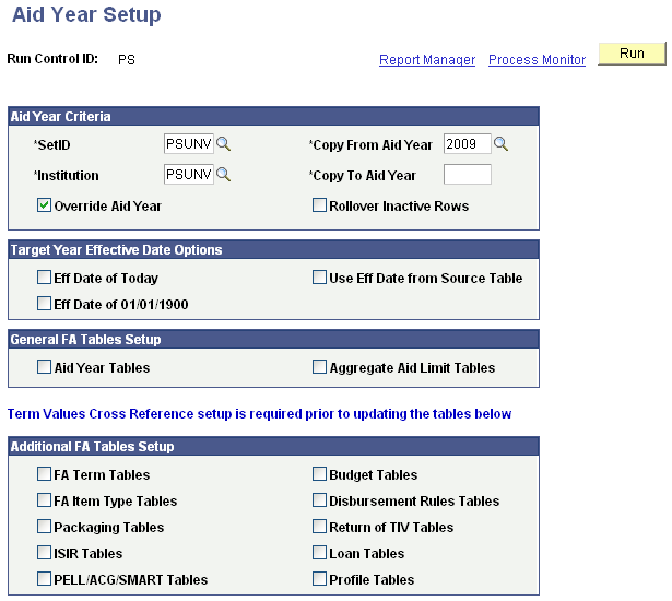 Aid Year Setup page