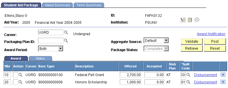 Student Aid Package page (Based on Pell Grant awarding functionality for the 2009 and prior aid years.)