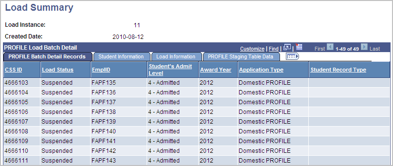 PROFILE Load Summary page, Batch Detail Records tab