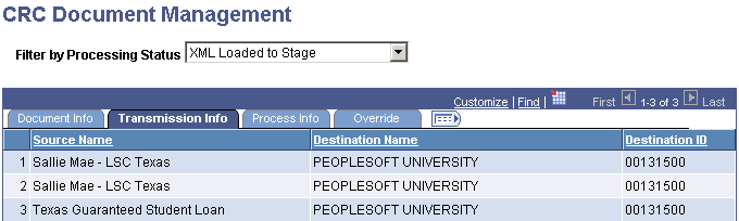 CRC Document Management page: Transmission Info tab