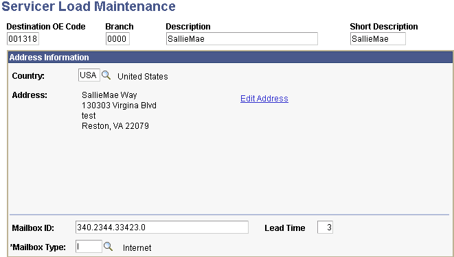 Servicer Load Maintenance page