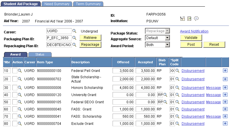 Final results, Student Aid Package page