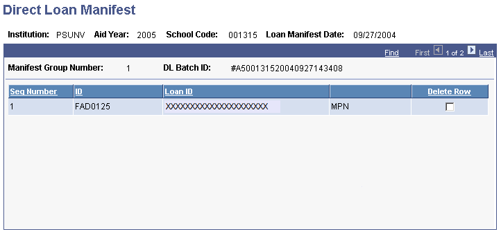 Direct Loan Manifest page