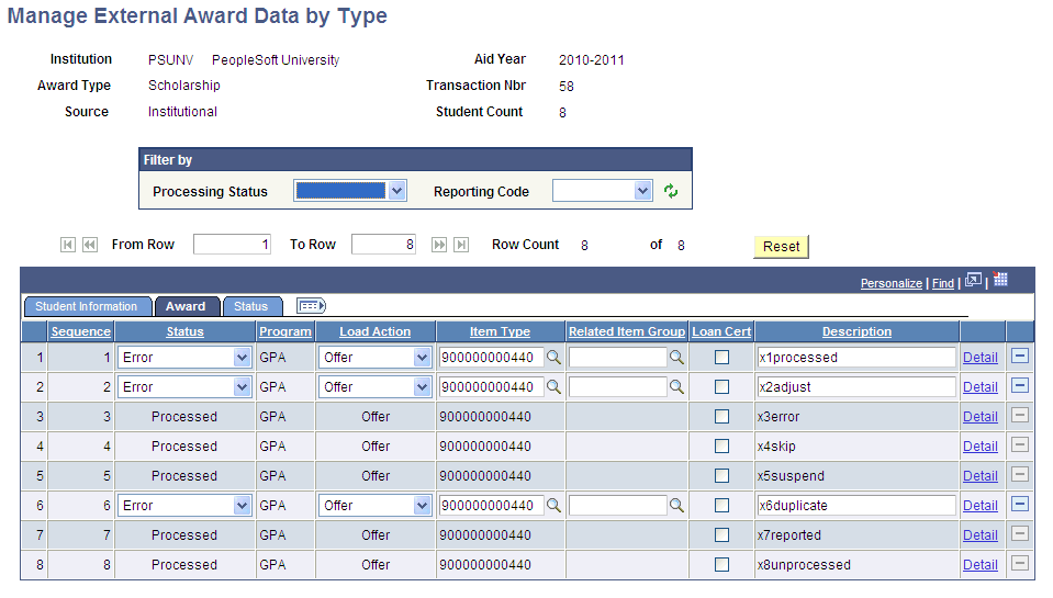 Manage External Award Data by Type page, Award tab
