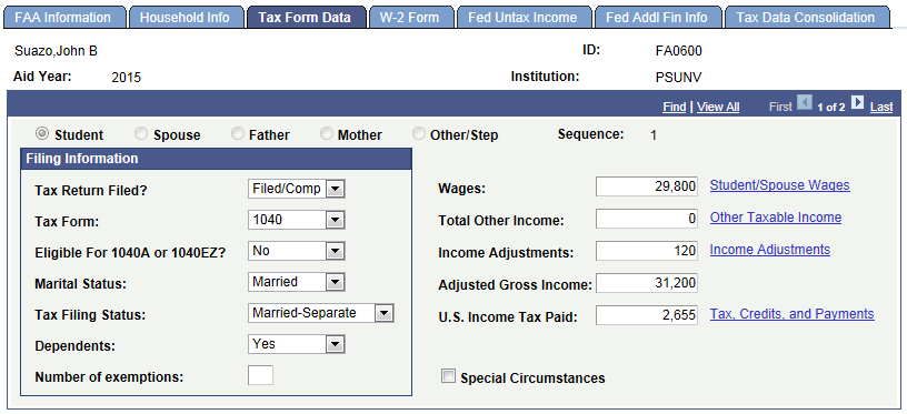 Tax Form Data page