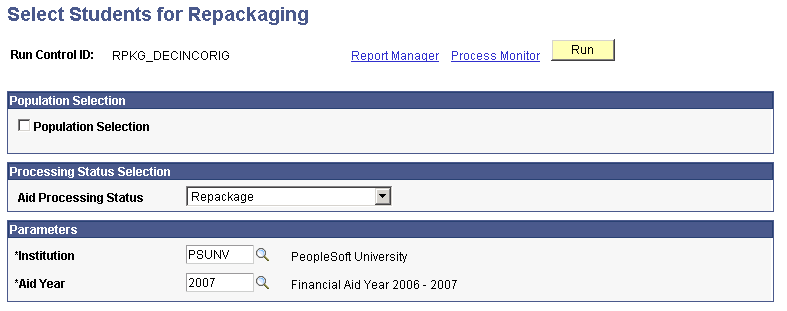 Select Students for Repackaging page
