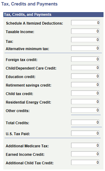 Tax, Credits and Payments page - 1040 Tax Form