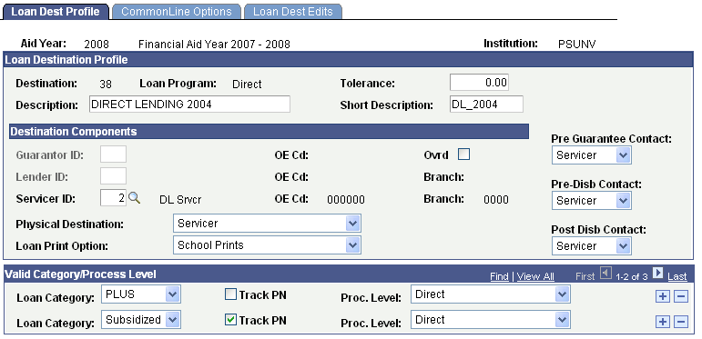 Loan Dest Profile (loan destination profile) page