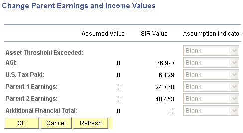 Change Parent Earnings and Income Values page