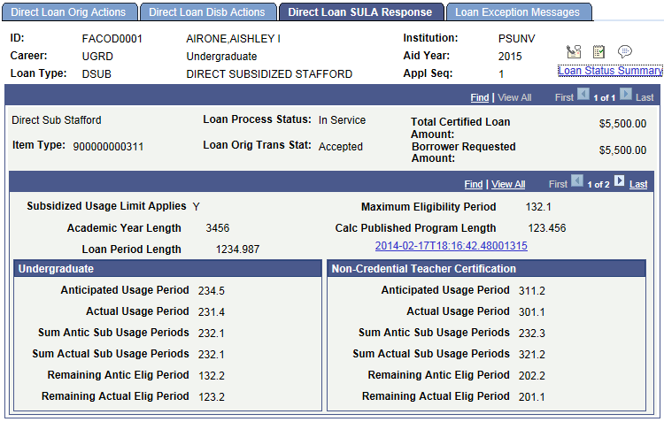 Direct Loan SULA Response page