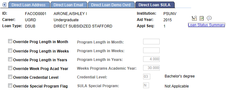 Direct Loan SULA (subsidized undergraduate limit applies) Override page