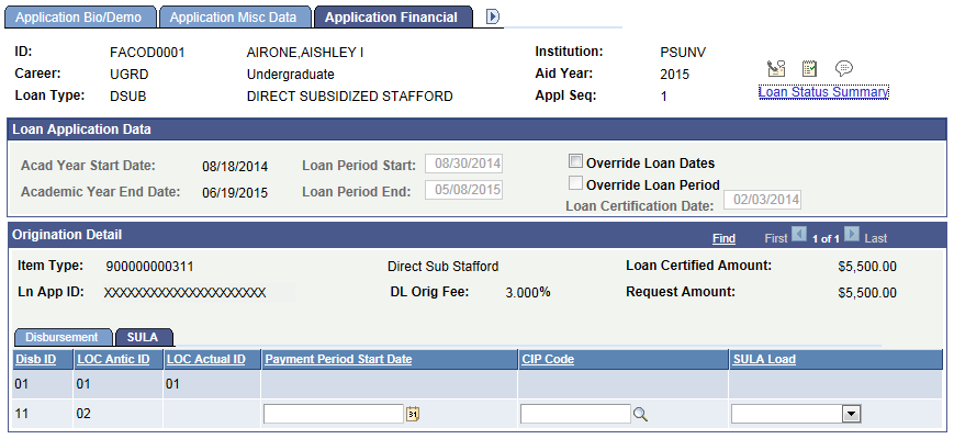 Application Financial page: SULA (subsidized undergraduate limit applies) tab