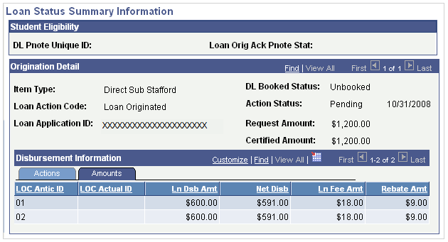 Loan Status Summary Information Page (Direct Loan) Amounts tab