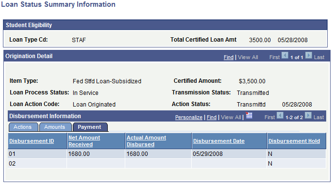 Loan Status Summary Information page: Payment tab