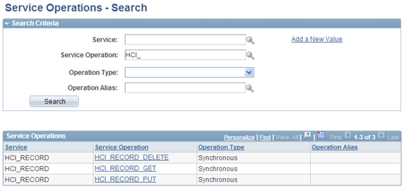 Example of Service Operations search page (HCM)