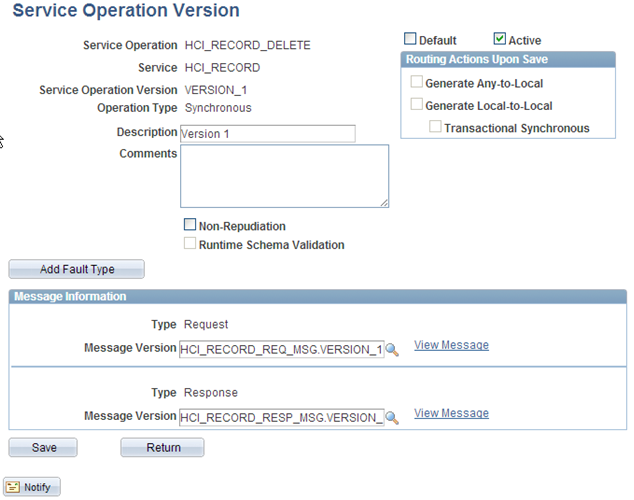 Example of Service Operation Version page (HCM)