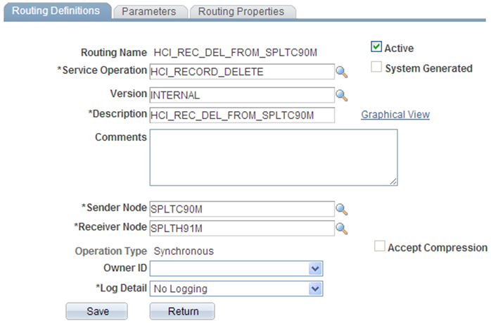 Example of Routing Definitions page (HCM)