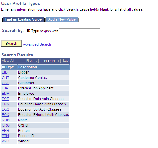 User Profile Types page (1 of 2)