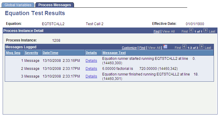 Equation Test Results page: Process Messages tab