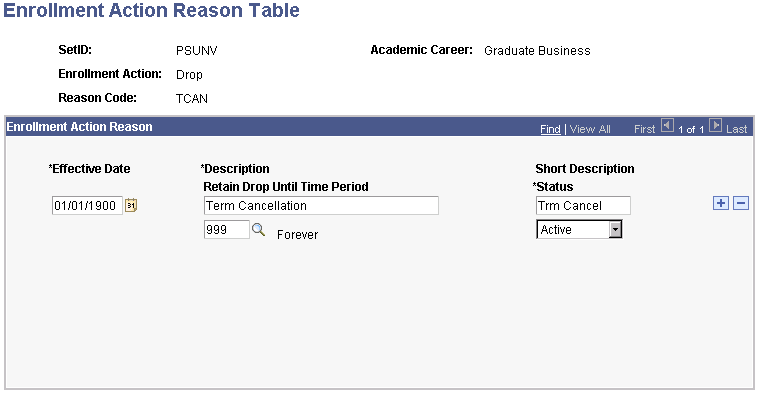 Enrollment Action Reason Table page