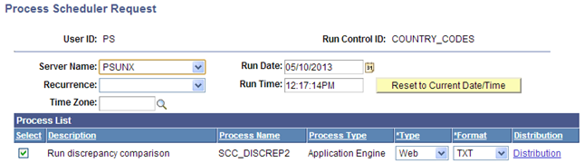 Example of Process Scheduler Request page for Run Discrepancy Comparison process